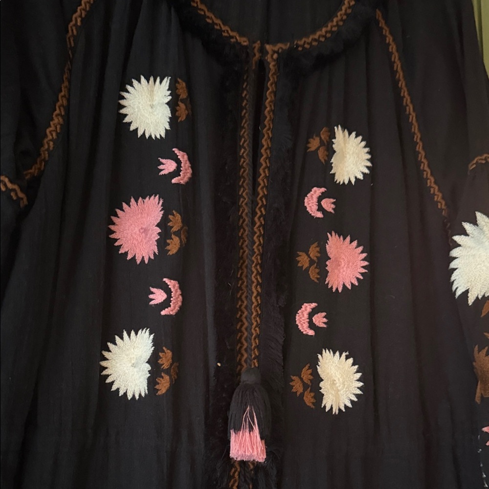 FIGUE Black Embroidered Tunic with Pink,White, and brown Accents size Large - Picture 4 of 6
